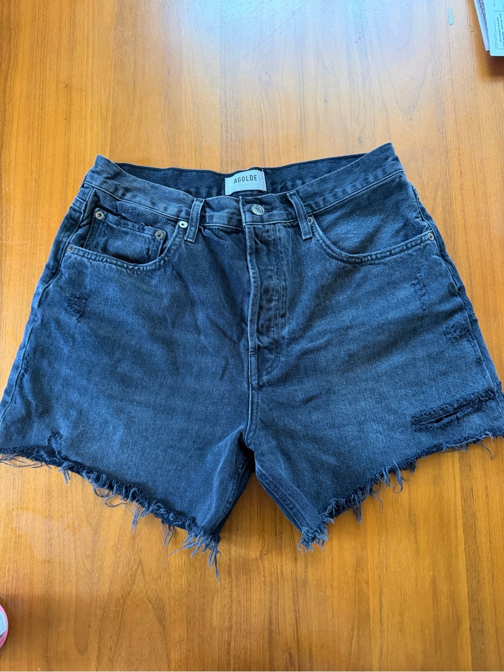 Agolde Black High-Rise Raw-Hem Denim Cutoff Shorts - Picture 1 of 3